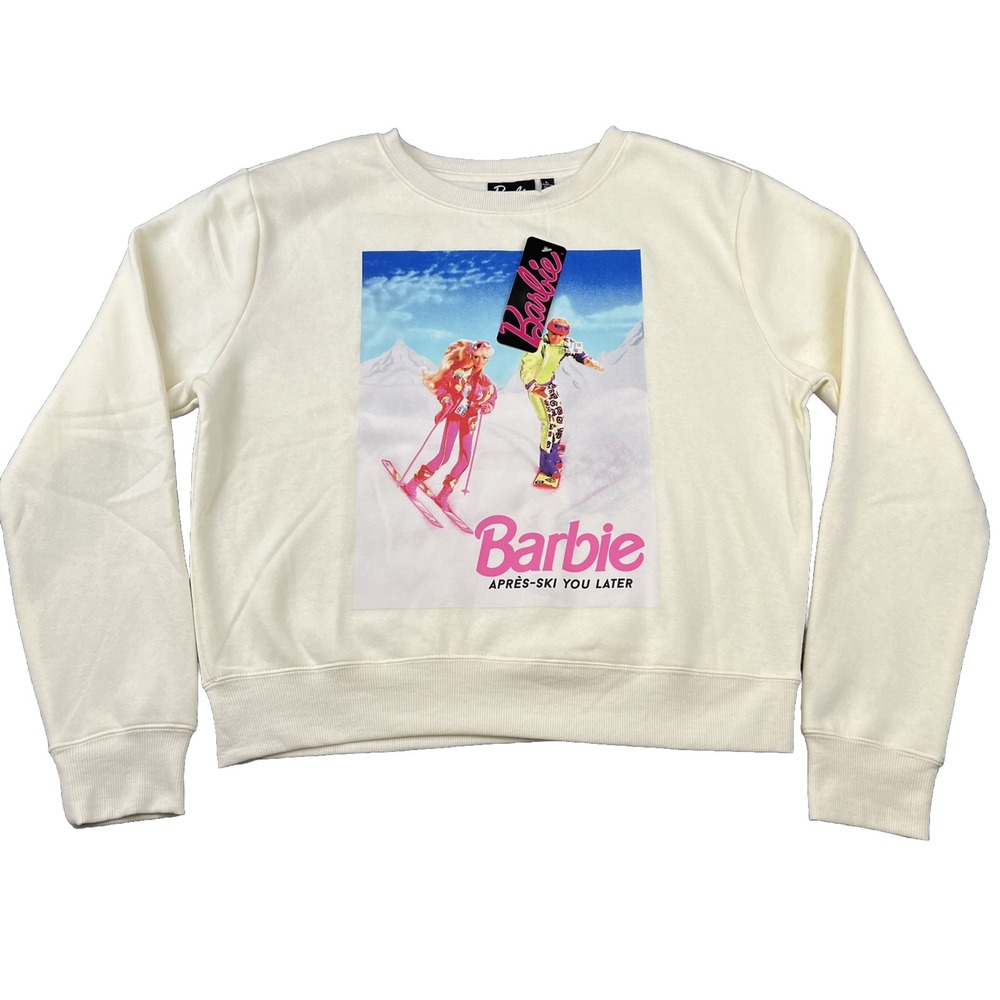 Barbie Sweatshirt Womens L Ivory Après-Ski You Later Graphic Crewneck NWT Retro